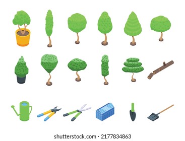 Tree Trimming Icons Set Isometric Vector. Chainsaw Tree. Woodcutter Work