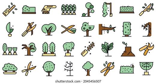 Tree trimming icons set outline vector. Tree woodcutter. Work thin line color flat isolated on white