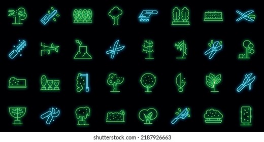 Tree Trimming Icons Set Outline Vector. Tree Woodcutter. Work Neon Color On Black