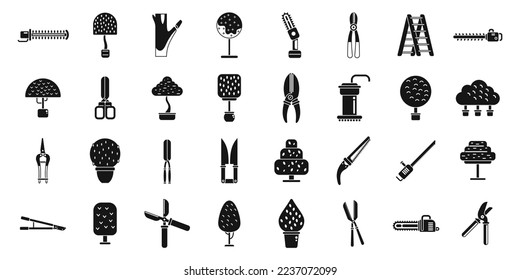 Tree trimming icons set simple vector. Chainsaw tree. Work forest