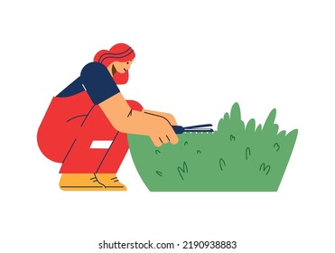 Tree Trimming And Landscape Service Employee Pruning Shrubs With Scissors, Flat Cartoon Vector Illustration Isolated On White Background. Plants Care And Gardening Works.