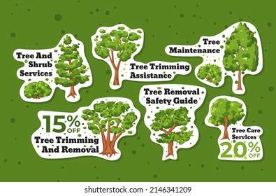 Tree Trimming And Removal Promo Sticker Set Vector Illustration. Collection Gardening Seasonal Works Advertising Label Sale Discount Special Offer Place For Text. Professional Horticulture Improvement