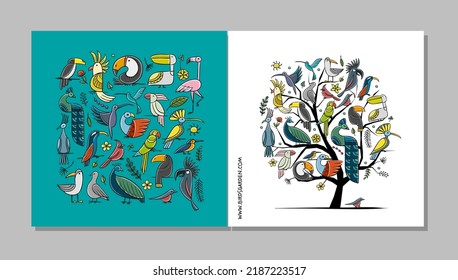 Tree with tropical birds. Concept art for your business. Cards, banner, web, promotional materials. Corporate identity template. Vector illustration