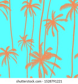 Tree tropical palm, neon plants seamless pattern. Trendy cyan floral background. Beach swimwear texture. Vector illustration.