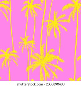 Tree tropical palm, neon plants seamless pattern. Jungle pink floral background. Beach swimwear texture. Vector illustration.