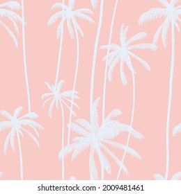 Patrón de palmeras tropicales de árbol sin costura en color rosa pastel. Fondo veraniego floral. Textura del bañador de playa. Ilustración vectorial.