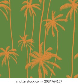 Tree tropical palm seamless pattern in green colour. Hawaiian floral background. Beach swimwear texture. Multicolor vector illustration.