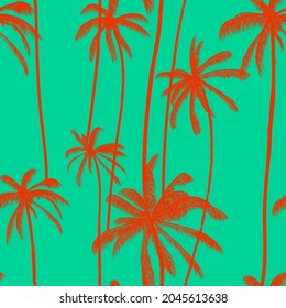 Patrón transparente de palmeras tropicales de árbol en color verde. Fondo floral de silueta. Textura del bañador de playa. Ilustración vectorial multicolor.