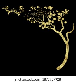 Tree trunk or branch with leaves bent under wind blow. Golden silhouette on black background.