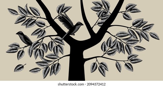 Tree trunk with branches and leaves and birds. Vintage engraving stylized drawing. Vector illustration