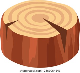 Tree trunk cross section displaying intricate growth rings and noticeable cracks, perfect for nature themed illustrations, logging, carpentry, or woodworking projects