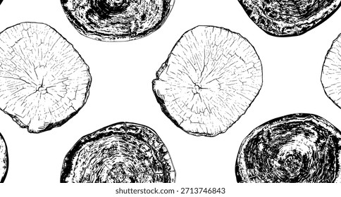 Sección transversal del tronco del árbol con anillos de madera y grano natural. Ilustración de tocón de corte circular, líneas radiales de crecimiento y textura orgánica. Patrón de fondo para diseño rústico, material de carpintería Vector.