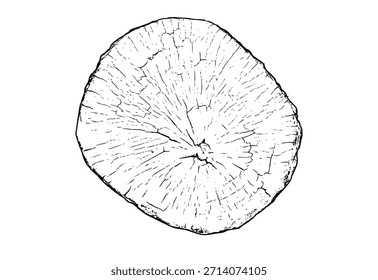 Sección transversal del tronco del árbol con anillos de madera y grano natural. Ilustración de tocón de corte circular, líneas radiales de crecimiento y textura orgánica. Patrón de fondo para diseño rústico, material de carpintería Vector.