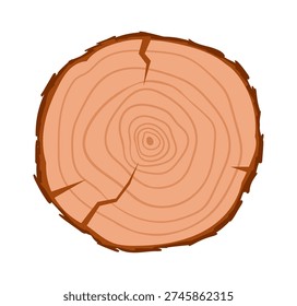 Tree trunk cut. Cartoon round oak slice, lumber wooden industry material, wood lumber saw cut flat vector illustration. Saw trunk cut on white background