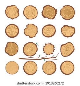 Tree Trunk Cut Icons, Cross Sections Symbols. Set of Stump Rings, Growth Ring Textured Vector Illustration