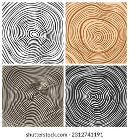 Tree trunk cut textures, pine or oak slice. Sawn timber, wood. Brown wooden texture with tree rings. Hand drawn sketch. Vector illustration