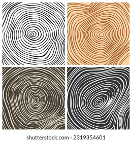 Tree trunk cut textures, pine or oak slice. Sawn timber, wood. Brown wooden texture with tree rings. Hand drawn sketch. Vector illustration