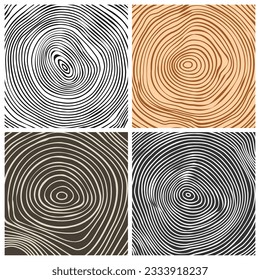 Tree trunk cut textures, pine or oak slice. Sawn timber, wood. Brown wooden texture with tree rings. Hand drawn sketch. Vector illustration