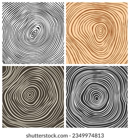 Tree trunk cut textures, pine or oak slice. Sawn timber, wood. Brown wooden texture with tree rings. Hand drawn sketch. Vector illustration
