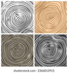 Tree trunk cut textures, pine or oak slice. Sawn timber, wood. Brown wooden texture with tree rings. Hand drawn sketch. Vector illustration