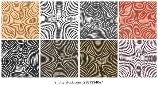 Tree trunk cut textures, pine or oak slice. Sawn timber, wood. Brown wooden texture with tree rings. Hand drawn sketch. Vector illustration