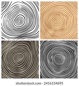 Tree trunk cut textures, pine or oak slice. Sawn timber, wood. Brown wooden texture with tree rings. Hand drawn sketch. Vector illustration