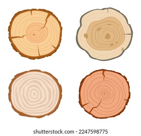 Cortes de tronco de árbol. Caricatura de pino redondo, rodajas de roble o de abedul, materiales industriales de madera de madera, cortes de sierra de madera de madera ilustración vectorial plana colocada sobre fondo blanco