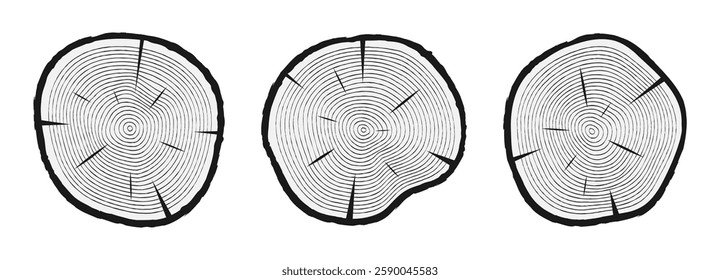 Tree trunk cuts with tree rings. Sliced tree trunks set. Hand drawn wooden texture. Vector illustration.