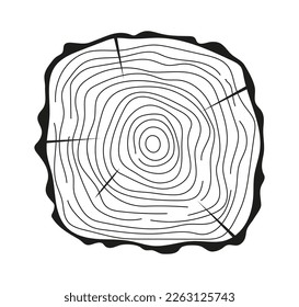 Tree trunk cuts vector in hand drawn sketch. Bark of tree with cracks, sawn pine circular. Wood tree rings. Oak slices, lumber symbol. Wooden, forest texture,  saw cut timber illustration.