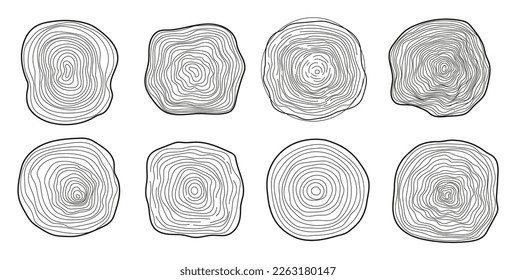 Tree trunk cuts vector in hand drawn sketch. Bark of tree with cracks, sawn pine circular. Wood tree rings. Oak slices, lumber symbol. Wooden, forest texture,  saw cut timber illustration.