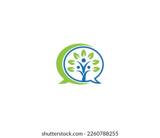 Tronco De Árbol Con Diseño De Logotipo De Cabeza Y Hojas Verdes Con Icono De Chat Ilustración De Concepto Vector Moderno.