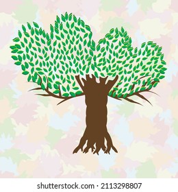 Tree trunk holding two hearts shaped by leaves. Light colored leaves on the background. Environmental protection concept. Vector illustration. 