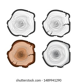 Tree trunk isolated on white background. Cross section of the trunk in a flat style. Vector brown tree rings. Wooden stump.