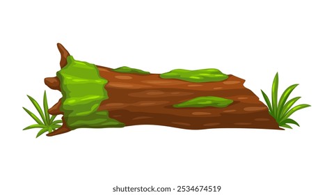 Tronco de tronco de árbol para el paisaje de la selva y el entorno prehistórico de la era de los dinosaurios, activo de juego de dibujos animados de Vector. Tronco de tronco o tronco roto con musgo y hierba para dinosaurios jurásicos juego de arcade activo