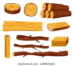 Tree trunk log wood piece stump timber wooden plank isolated set. Vector cartoon graphic design element illustration