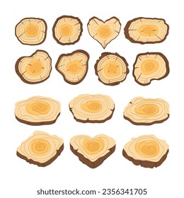 Tree trunk rings cut isolated close up vector cartoon illustration set, brown colorful wooden stump slice.