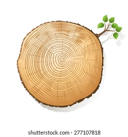 tree trunk section with a little twig with green leaves
