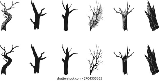 Tree trunk silhouette vector set with abstract branching patterns, black botanical icons, natural wood illustrations, seasonal forest graphics, artistic nature bundle, decorative elements