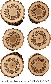 СColección de rebanadas de tronco de árbol con coronas de flores dibujadas a mano
