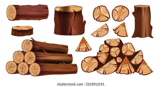 Tree trunk vector set, wooden log stump nature object kit, cartoon cross-section, cut timber, bark. Cut firewood pile, forest oak ring, woodcutter clipart isolated on white. Tree trunk material icon