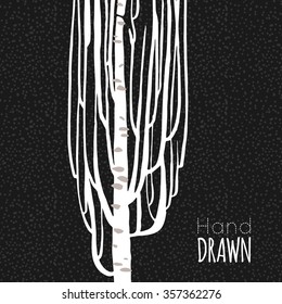 Tree, trunk, wood, birch, cloud, sky, dots, snow, nature, forest. Hand drawn vector illustration. Line art ink sketch. Watercolor abstract background. Mixed Media, paper cut. 