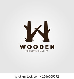 tree trunk wooden logo vector illustration design with letter w symbol