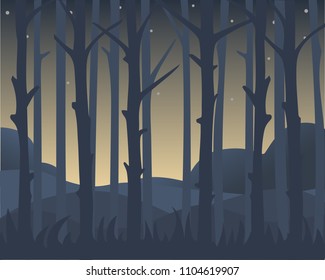 Tree trunks against the background of a dawn sky with pale stars. Vector background
