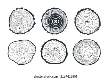 Tree trunks cross sections. Collection of annual rings. Black and white graphics.