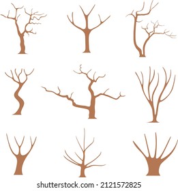 Troncos de árbol sin follaje, ramas curvadas de color marrón, ilustración de dibujos animados de vector plano. Plantilla para crear soluciones de diseño de verano paisajístico.