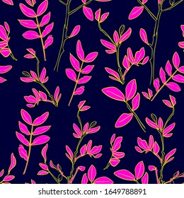 Tree twig with leaves background print for textile. The drawn branches with leaves are a beautiful illustration for the fabric. Design ornament pattern seamless.