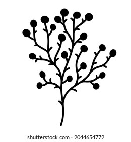 Tree twig vector icon. Hand-drawn doodle isolated on white. Shrub branch with foliage and round seeds. Monochrome sketch. Botanical element for decoration and design of cards, textiles, stationery.