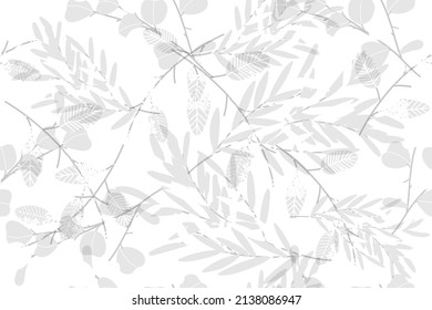 Tree twigs and branches sketch seamless pattern in black and white colors. Monochrome forest twigs print. Hand drawn botanical pattern in light gray and white colors. Tree branches shadows print
