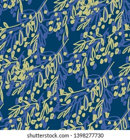 Tree twigs, branches vector seamless pattern. Olive berries flowering decorative botanical texture. Foliage hand drawn dark blue background. Floral wallpaper, wrapping paper, textile flat design
