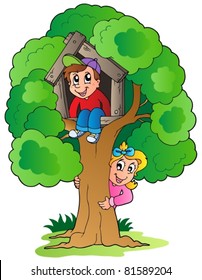 Árbol con dos niños de dibujos animados - ilustración vectorial.